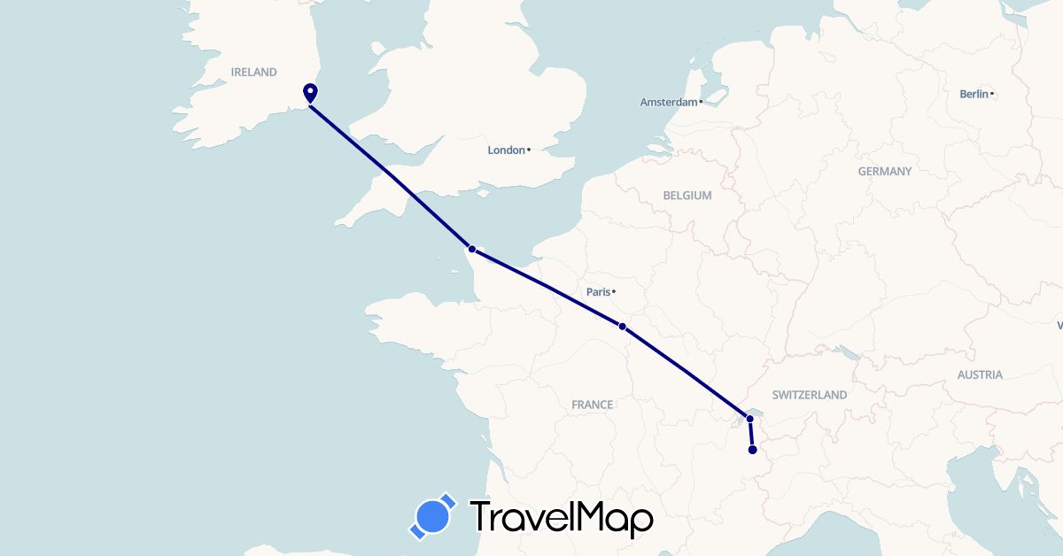 TravelMap itinerary: driving in France, Ireland (Europe)